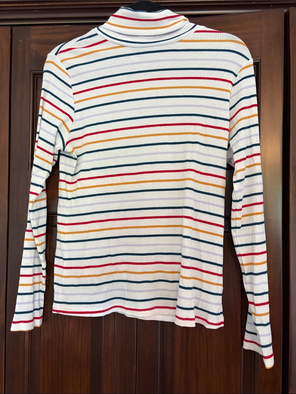 Old Navy White Striped Ribbed Turtleneck with Red, Navy & Mustard Stripes